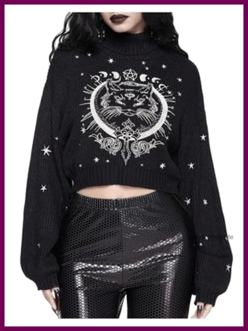 Women's Gothic Grunge High Neck Crop Sweater Cat Embroidery Long Sleeve Pullover